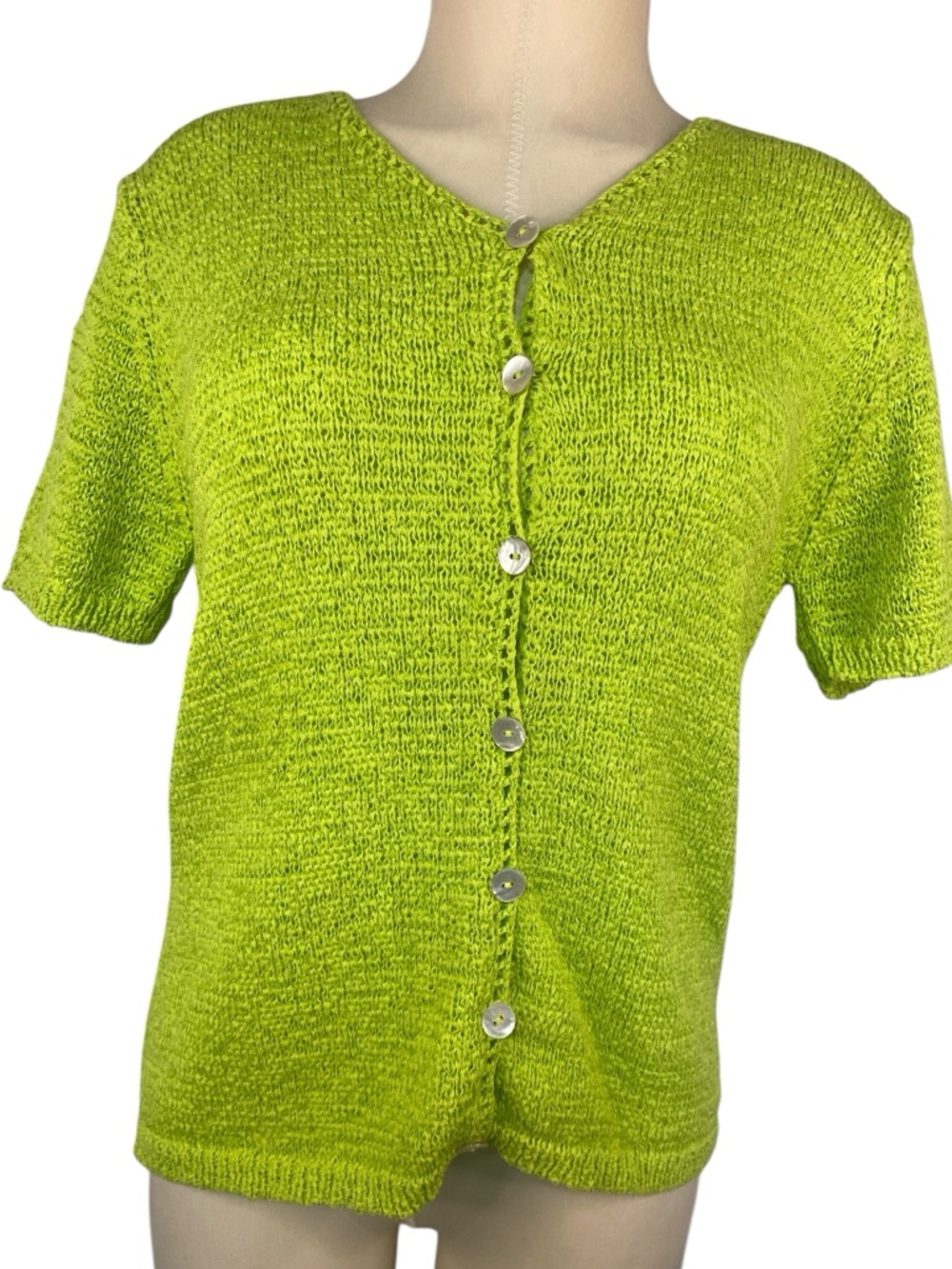 Pursuits Ltd. Lime Green Knit Short Sleeve Button Up Cardigan Women’s Medium